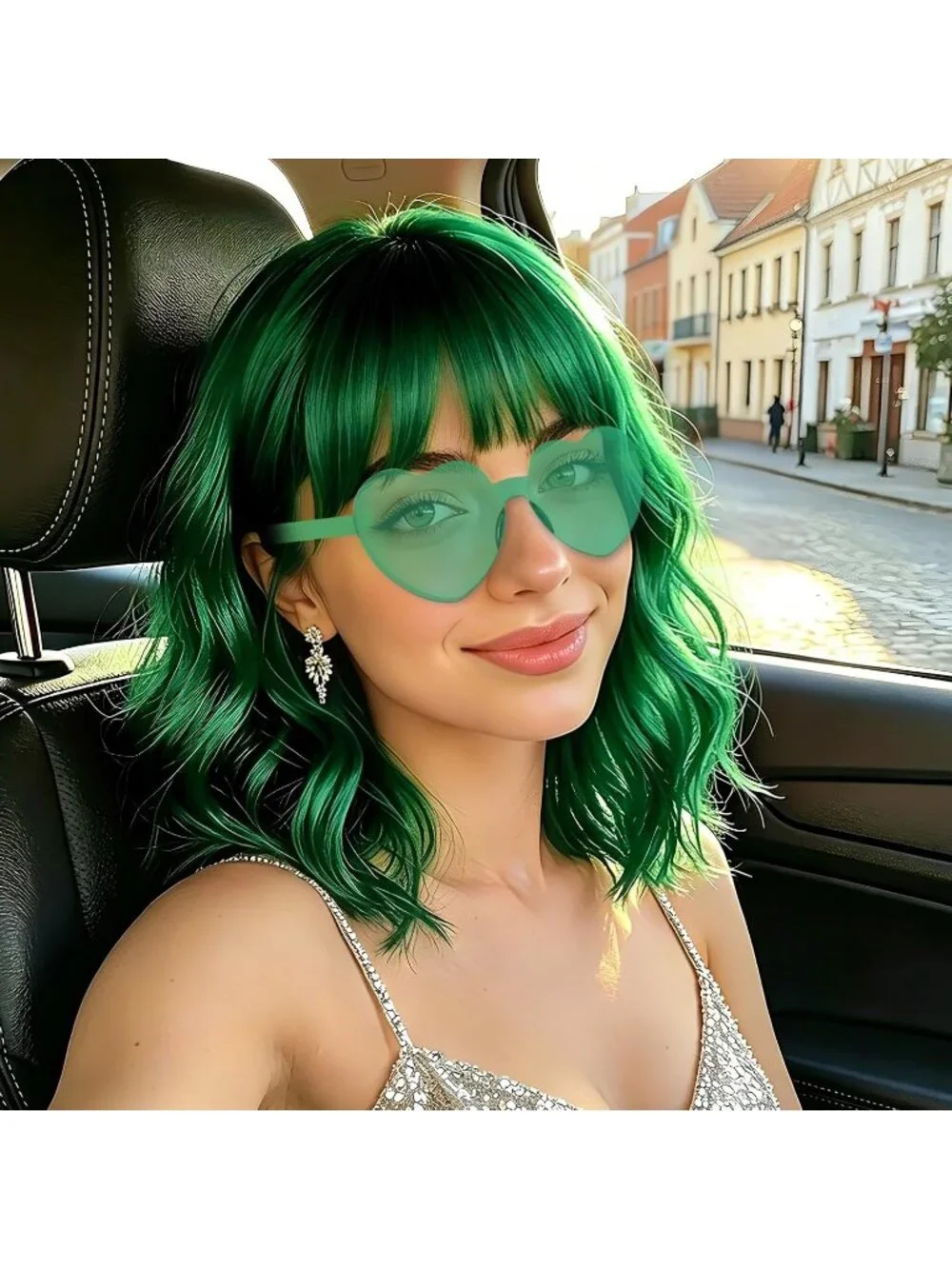 Women's Green Curly Bob Synthetic Wigs Bangs With Neon Heart Sunglasses